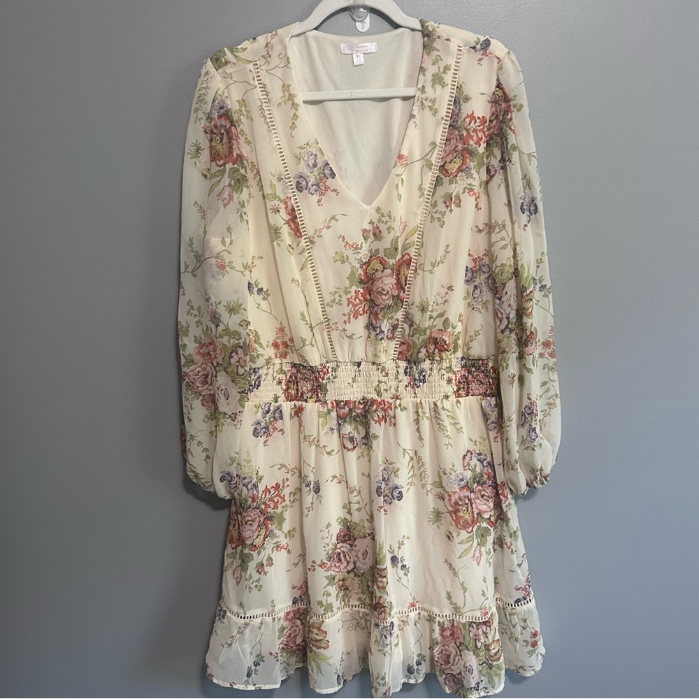 LC Lauren Conrad XL Floral Dress Cream Smocked Waist Boho Ruffle Hem